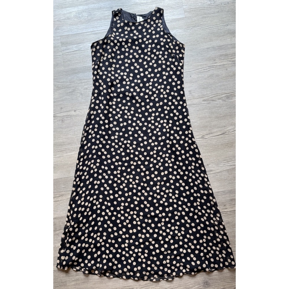 Vintage Polkadot Silk Maxi Dress Long Black Tan Bloomingdale's Sleeveless 80s 90